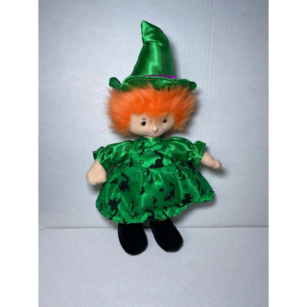 Sugar Loaf Halloween Witch Plush Doll Orange Hair Green Satin Dress 17 Inch